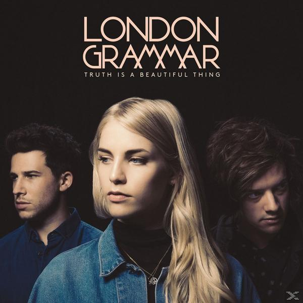 CD-Cover mit drei Bandmitgliedern auf schwarzem Hintergrund, Bandname London Grammar.