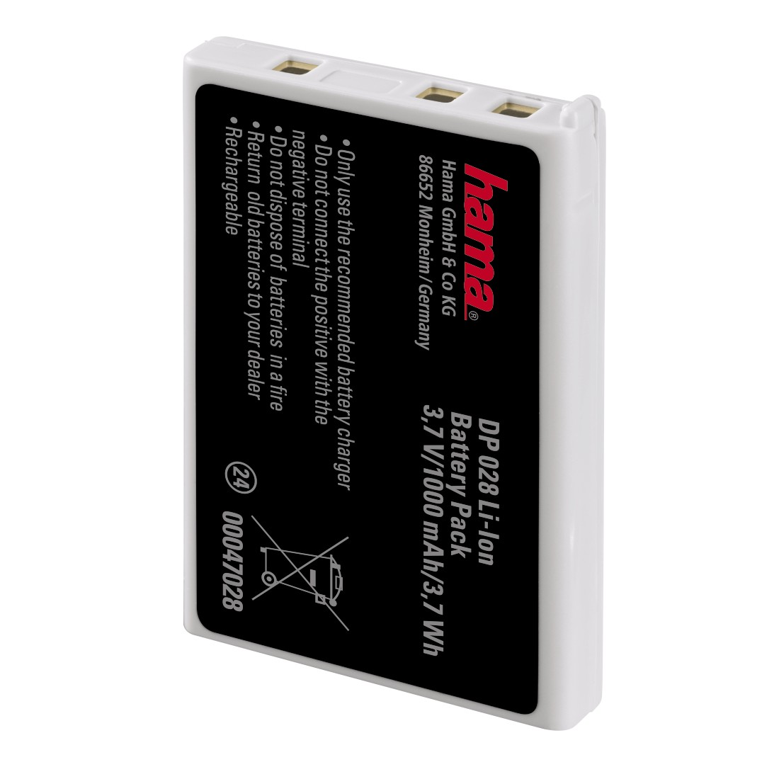 Hama batterijpack. Wit pack met zwarte tekst en waarschuwingen. Bevat batterij-informatie.