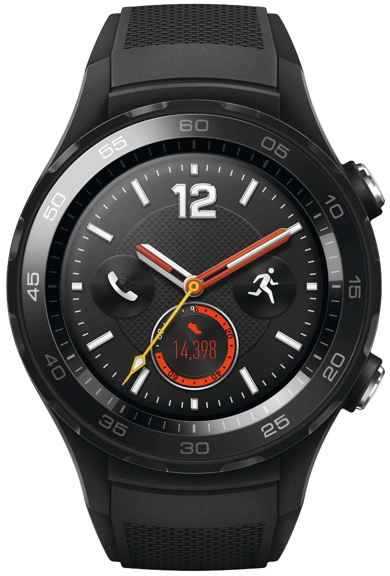 Smartwatch negra con correa negra, mostrando la hora, un monitor de frecuencia cardíaca y un contador de pasos.