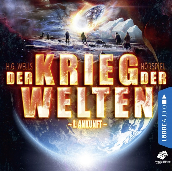 Buchcover von 'Krieg der Welten' mit Text und Illustration von Erde und Aliens.
