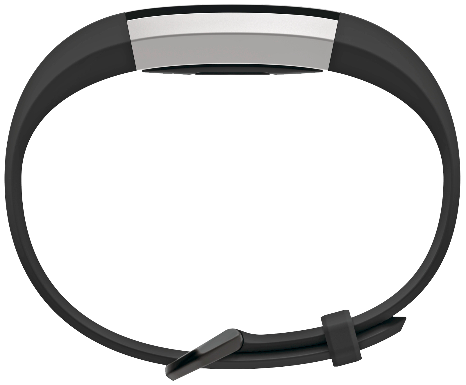 Schwarzes Fitness-Tracker-Armband mit einem silbernen Balken oben. Das Band ist mit einem Verschluss gesichert.