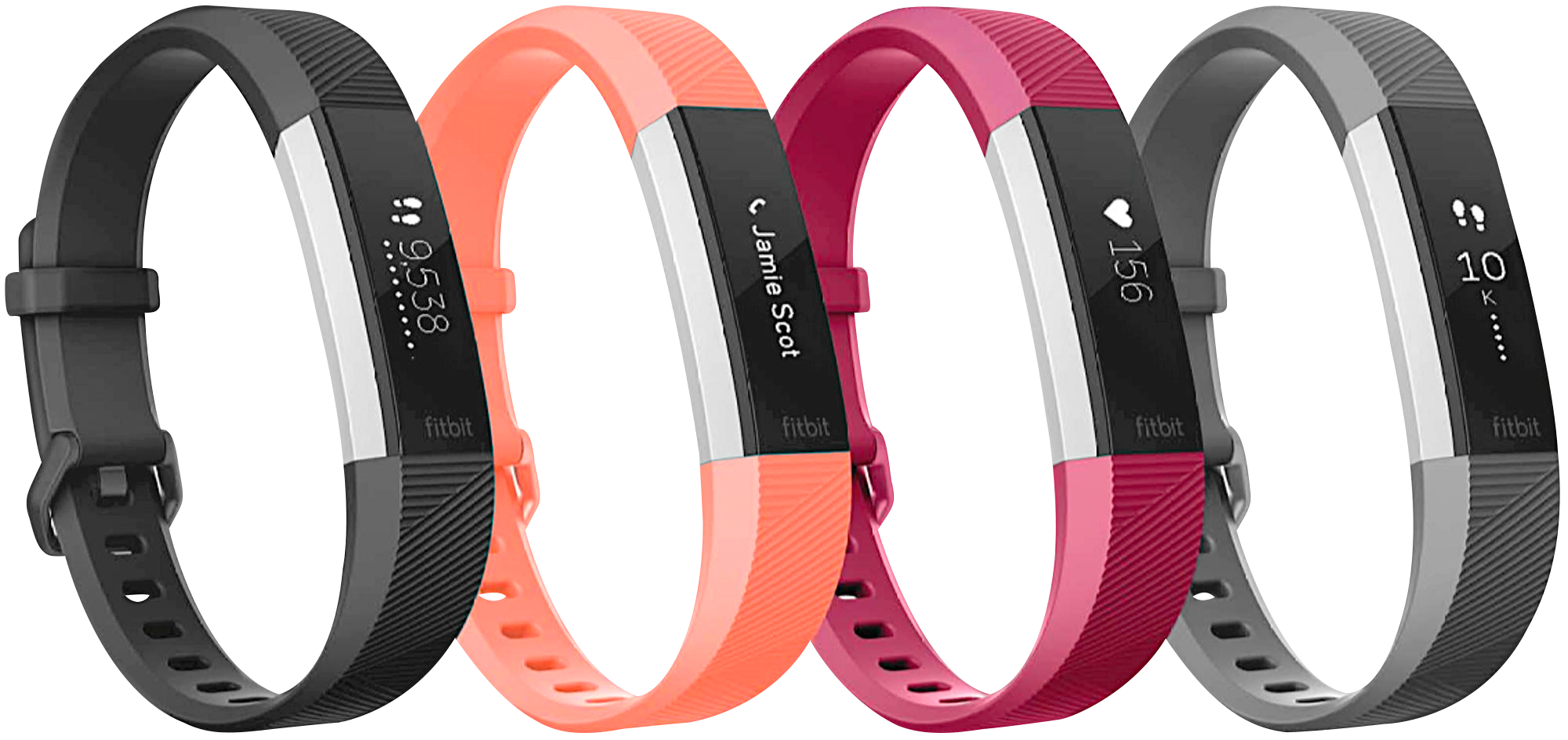 Vier Fitness-Tracker in verschiedenen Farben: Schwarz, Orange, Rosa und Grau, auf weißem Hintergrund.