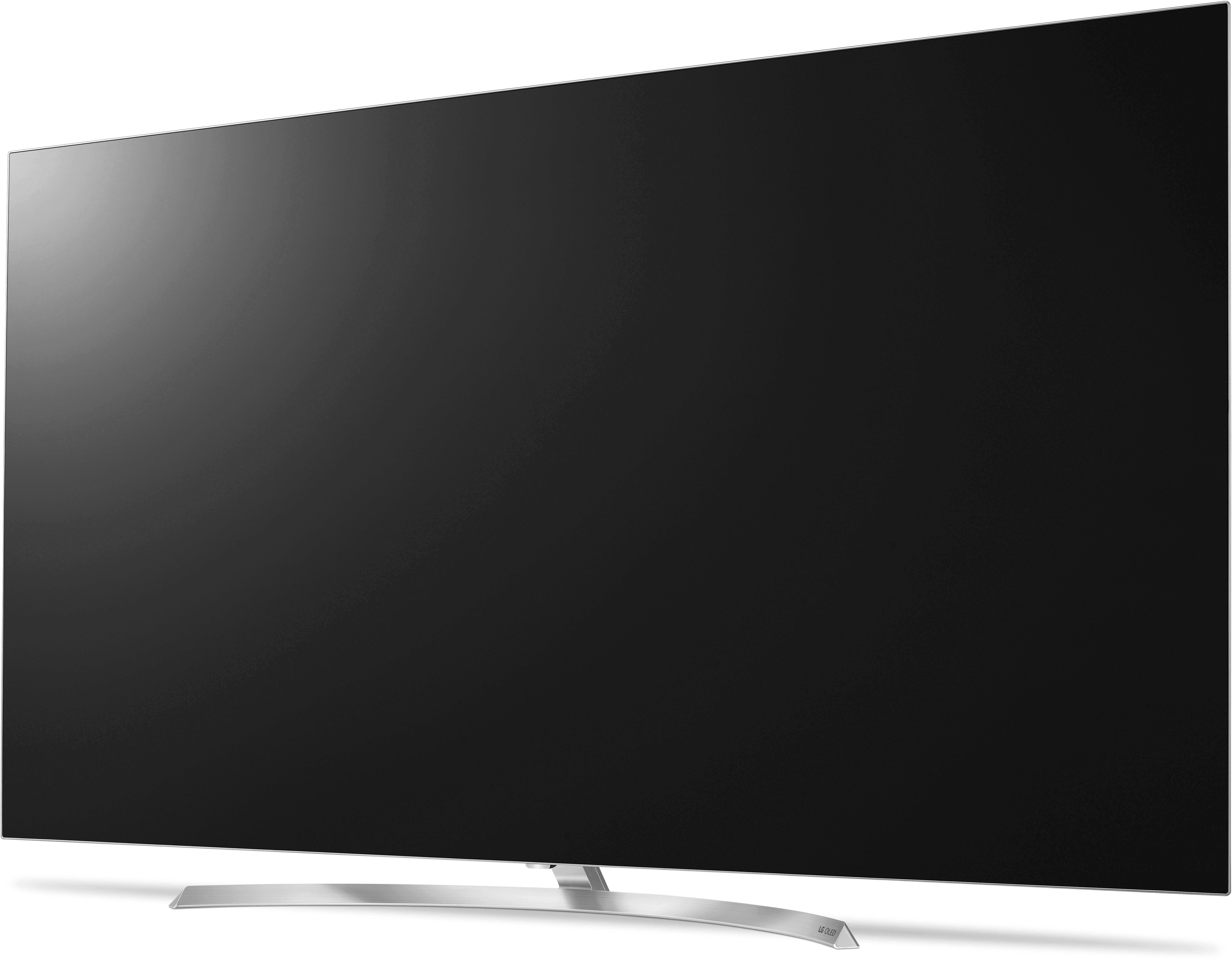 Großer, schlanker, schwarzer Fernseher auf einem silbernen Ständer. Der Bildschirm ist an.