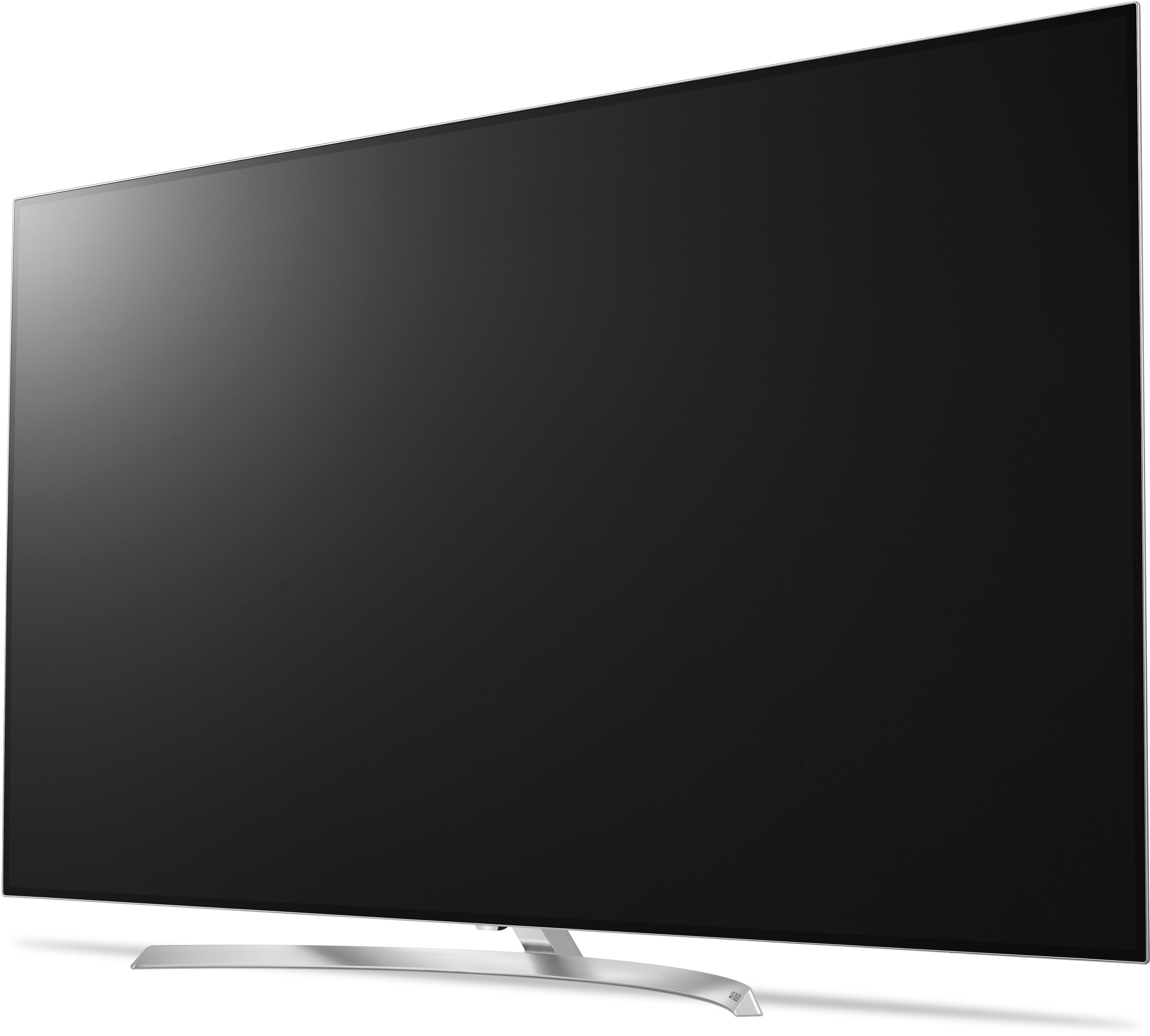 Großer Flachbildfernseher auf einem silbernen Ständer. Der Bildschirm ist schwarz.