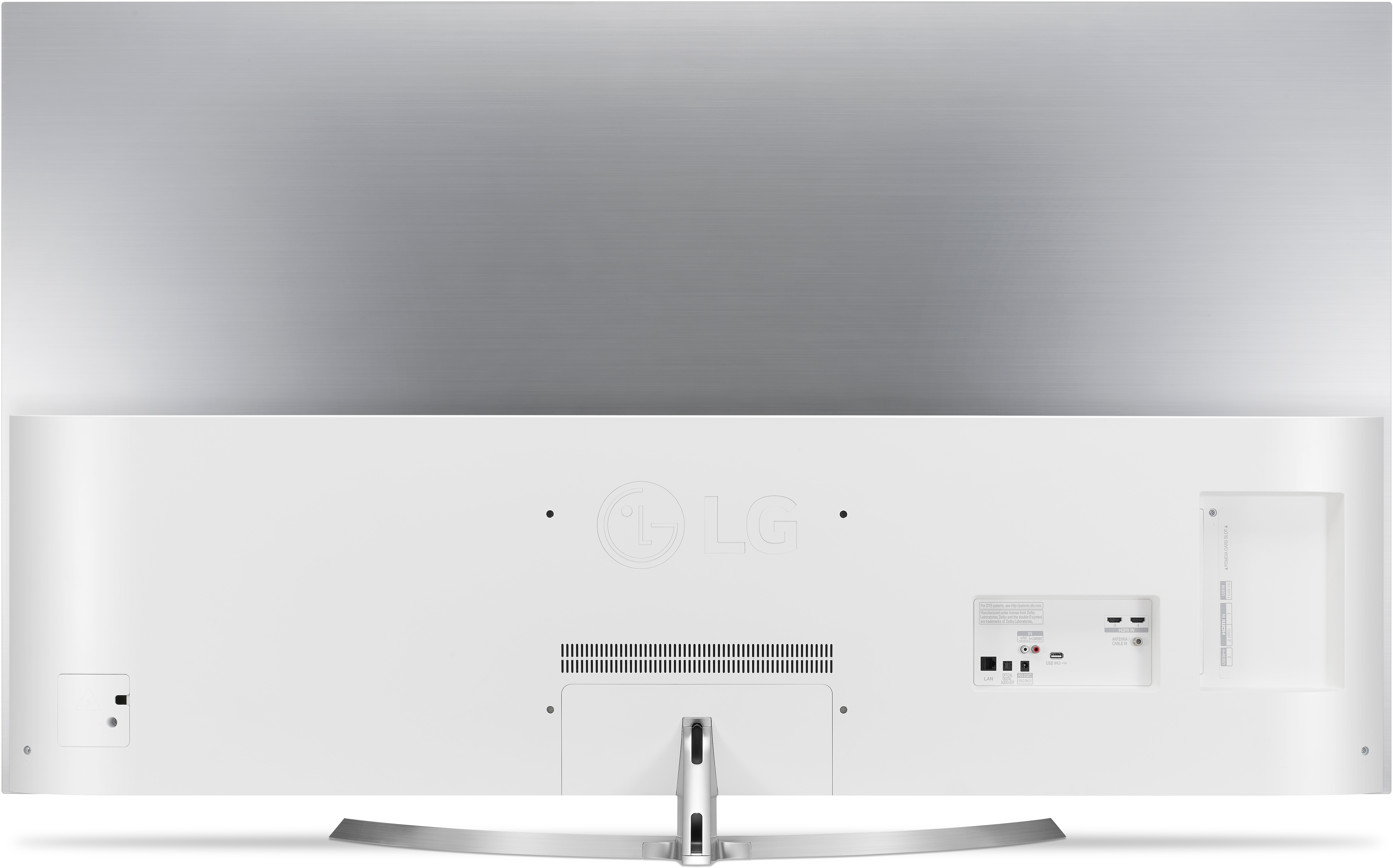 Rückseite eines weißen LG-Fernsehers mit Anschlüssen, Ständer und silberner Metalloberfläche.