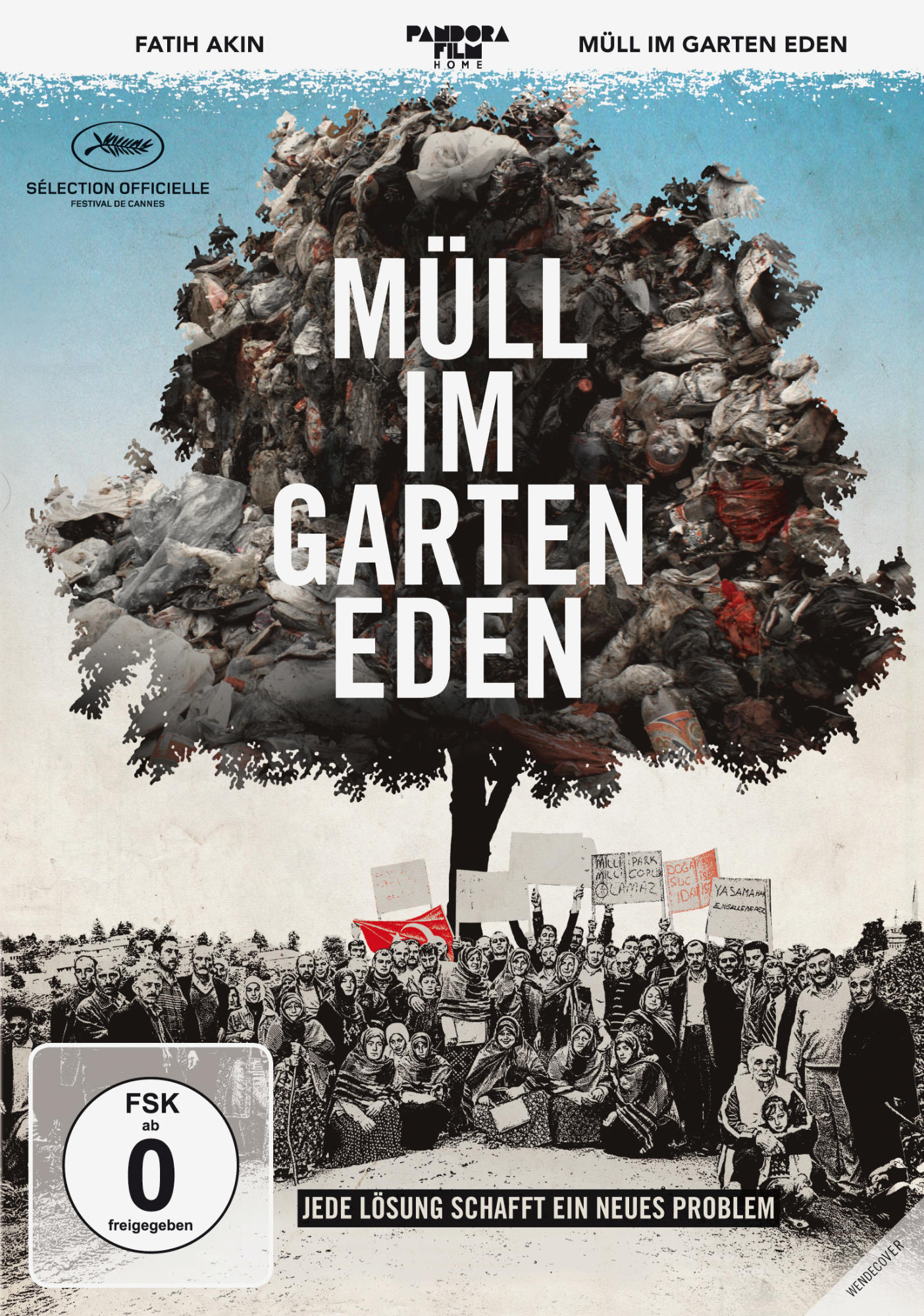 Filmposter: ein Baum aus Müll mit protestierenden Menschen darunter. Text: Müll im Garten Eden.