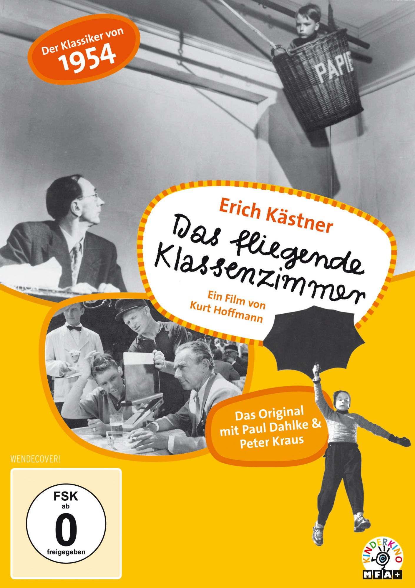 Filmposter: 'Das fliegende Klassenzimmer'. Ein Junge in einem Korb wird hochgehoben. Weitere Figuren sind anwesend.