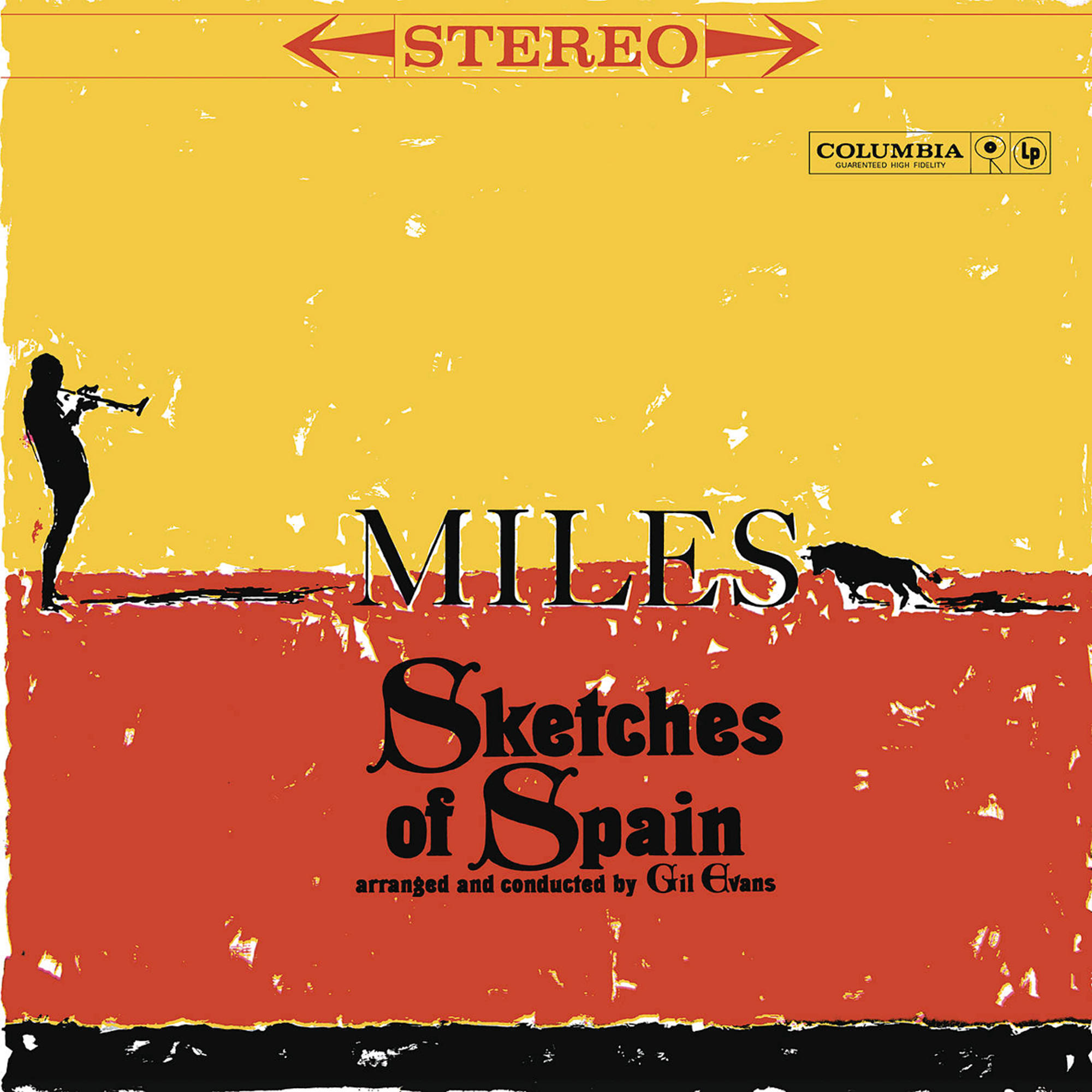 Albumcover von 'Sketches of Spain'. Gelber und roter Hintergrund. Schwarze Silhouetten.