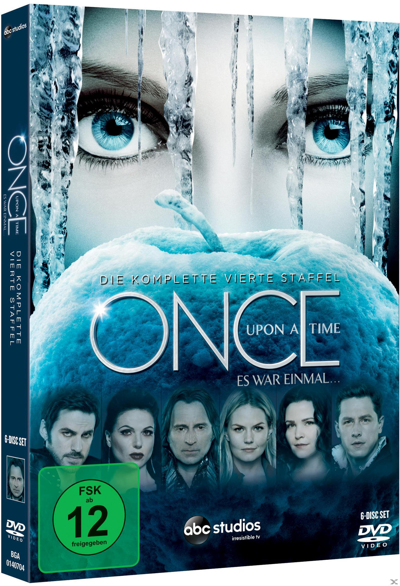 DVD-Cover von Once Upon a Time, Blautöne mit Augen und einem schneebedeckten Apfel.