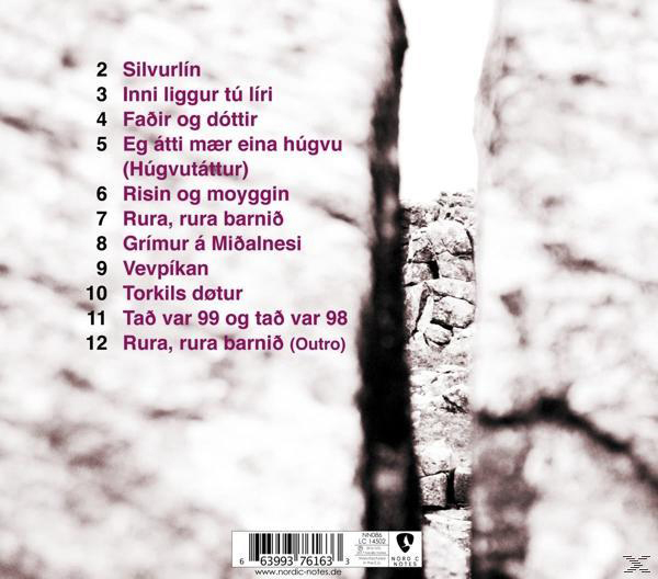 Rückseite einer CD mit isländischem Text über das Album und die Titelliste.