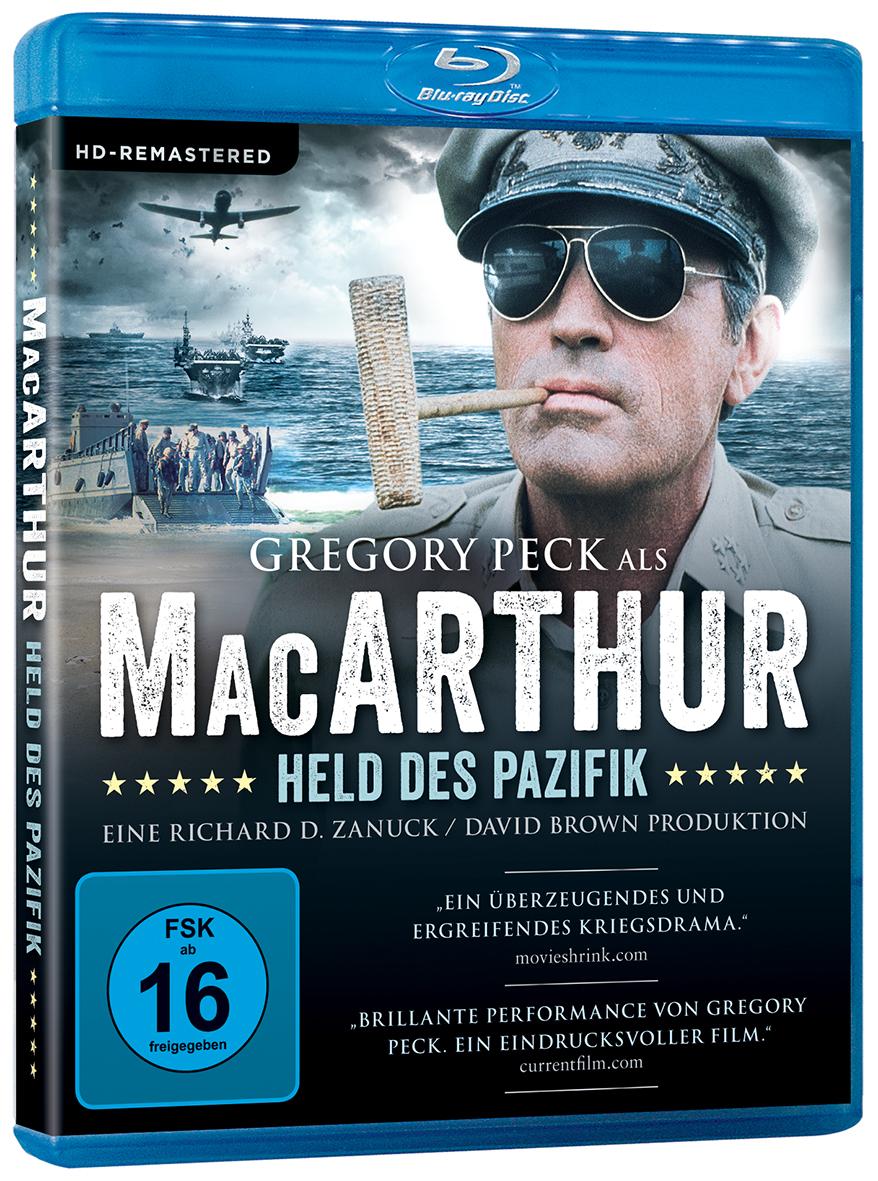 Blu-ray-Cover für 'MacArthur' mit Gregory Peck in Uniform.