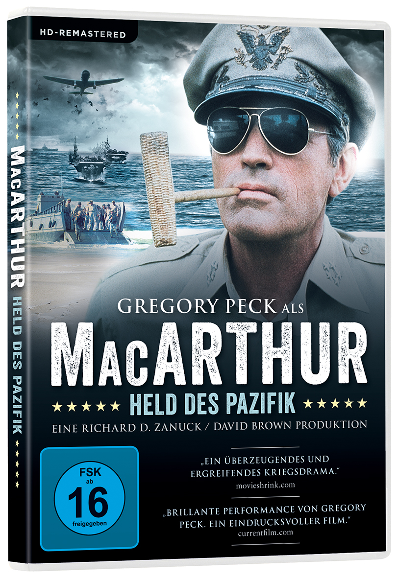 DVD-Cover von MacArthur: Held des Pazifik, Gregory Peck in Uniform, mit Zigarre.