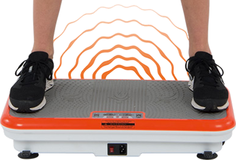 Person steht auf einer Vibrationsplattform mit schwarzen Schuhen. Orangefarbene Wellen über der Plattform.