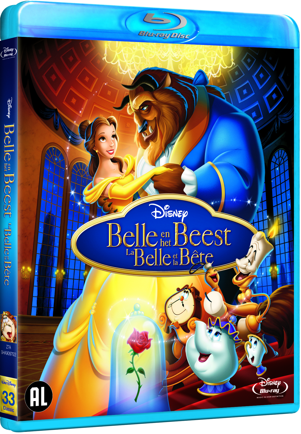 Blu-ray disc van de film Belle en het Beest. Met Belle en het Beest. Cartoonstijl.