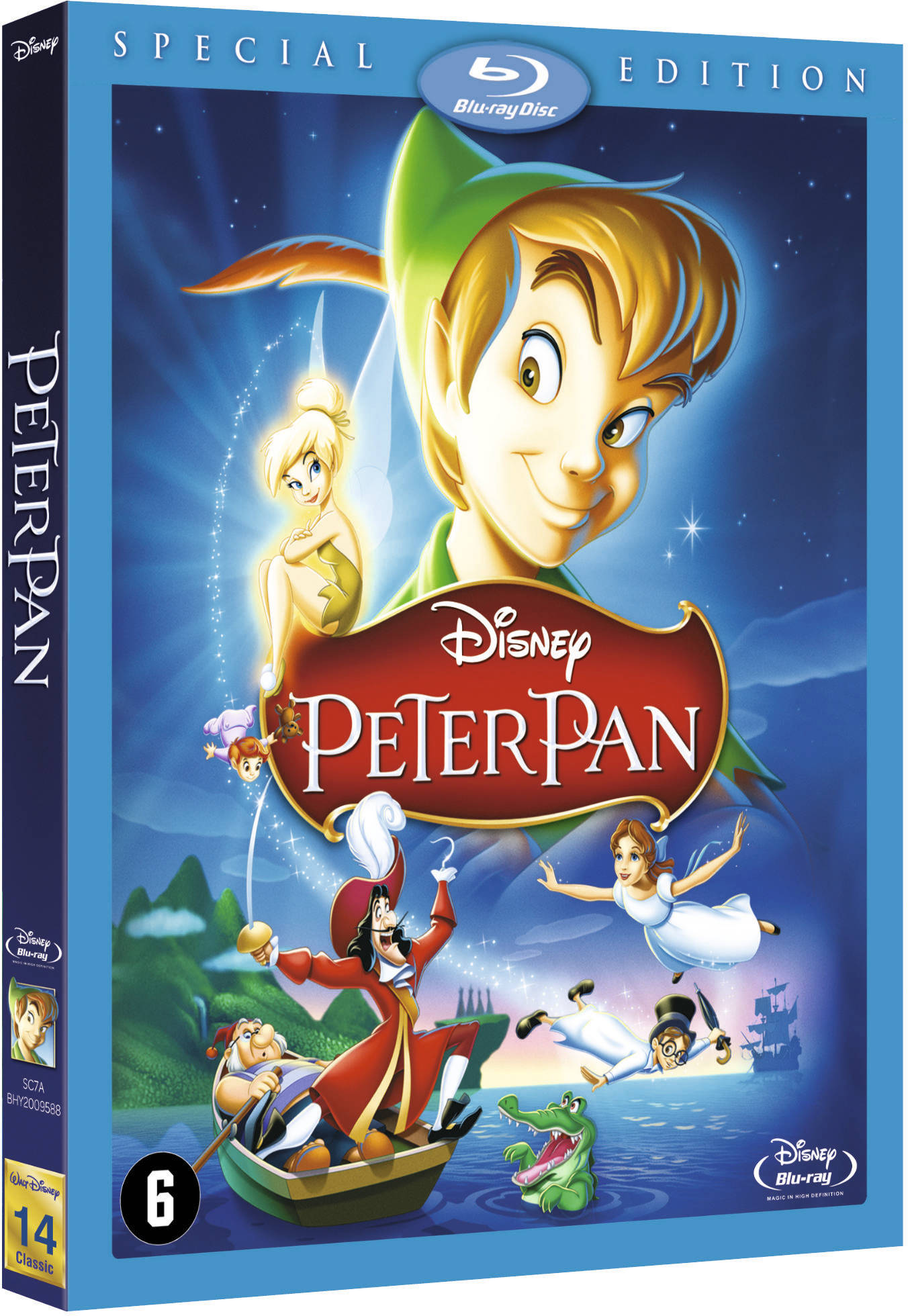 Peter Pan dvd-hoes met personages en blauwe rand.