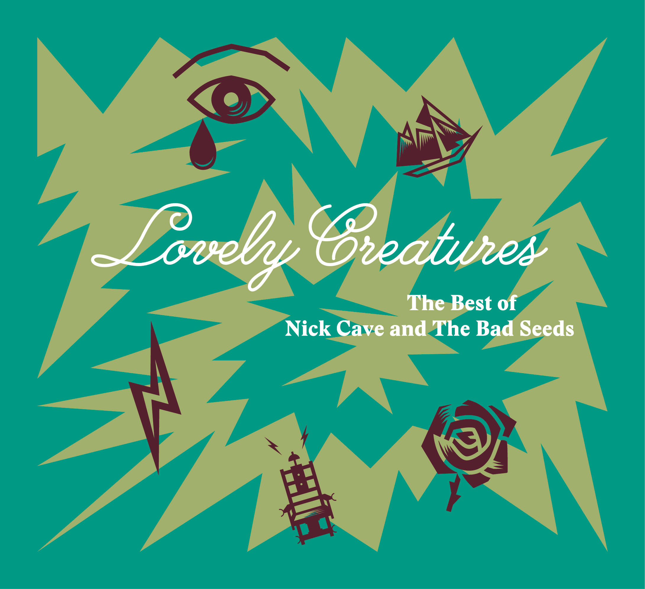 Cover mit "Lovely Creatures" und Symbolen: Auge, Schiff, Blitz, Rose, elektrischer Stuhl.