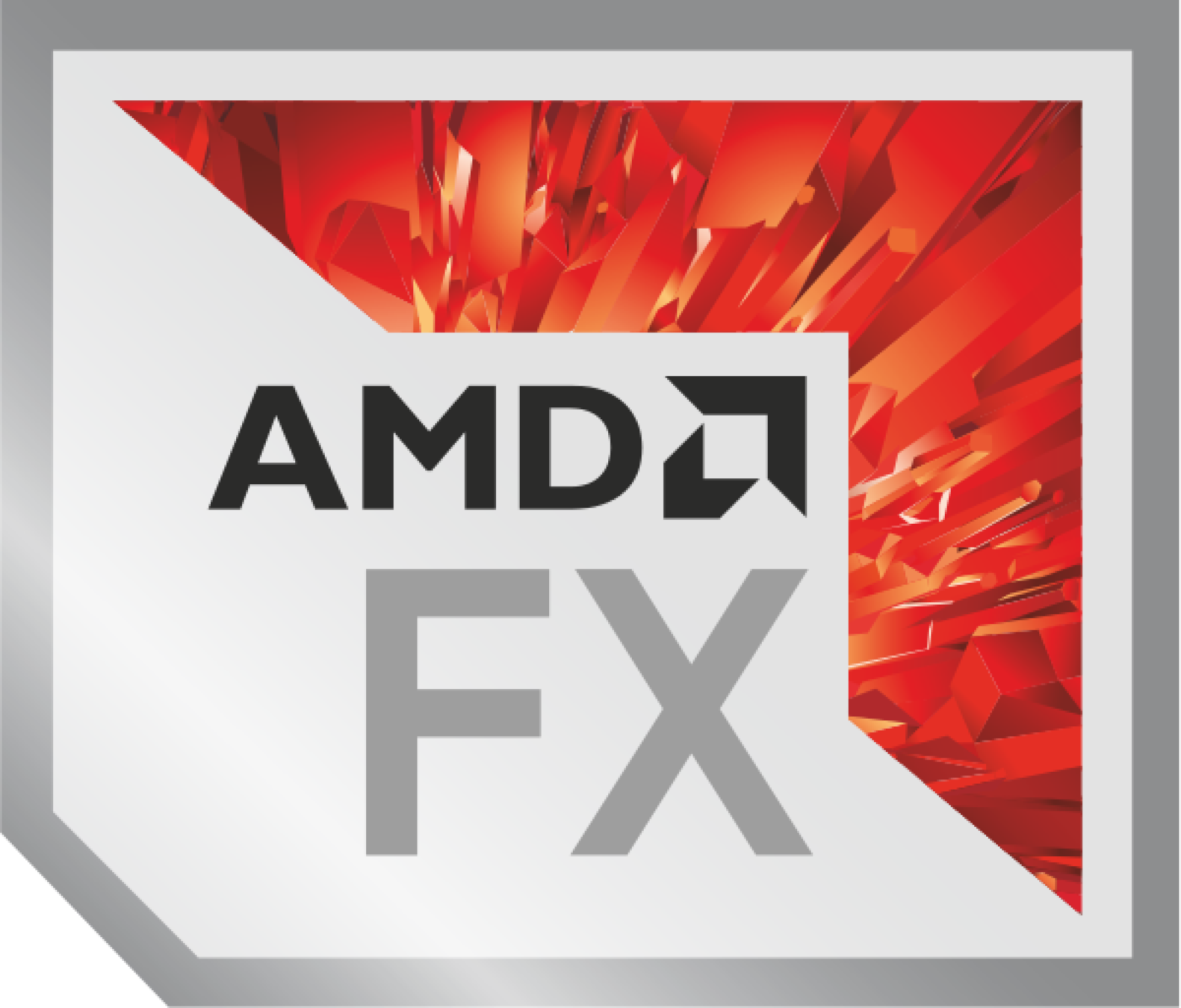 Silbernes Quadrat mit AMD FX Logo. Roter, orangefarbener und weißer abstrakter Hintergrund.