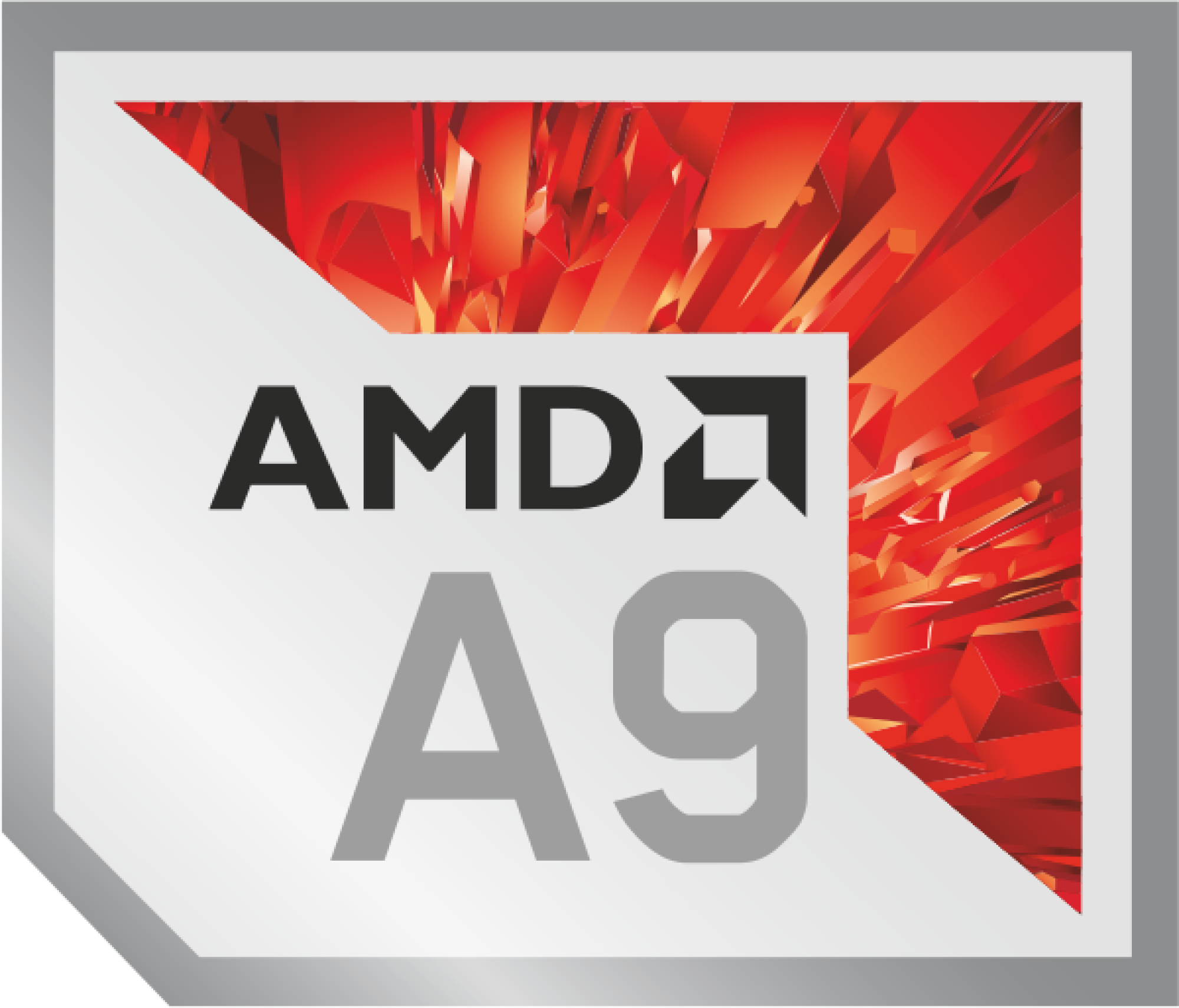 AMD A9 Logo, weißer Text auf silbernem Rahmen und rotem Hintergrund.