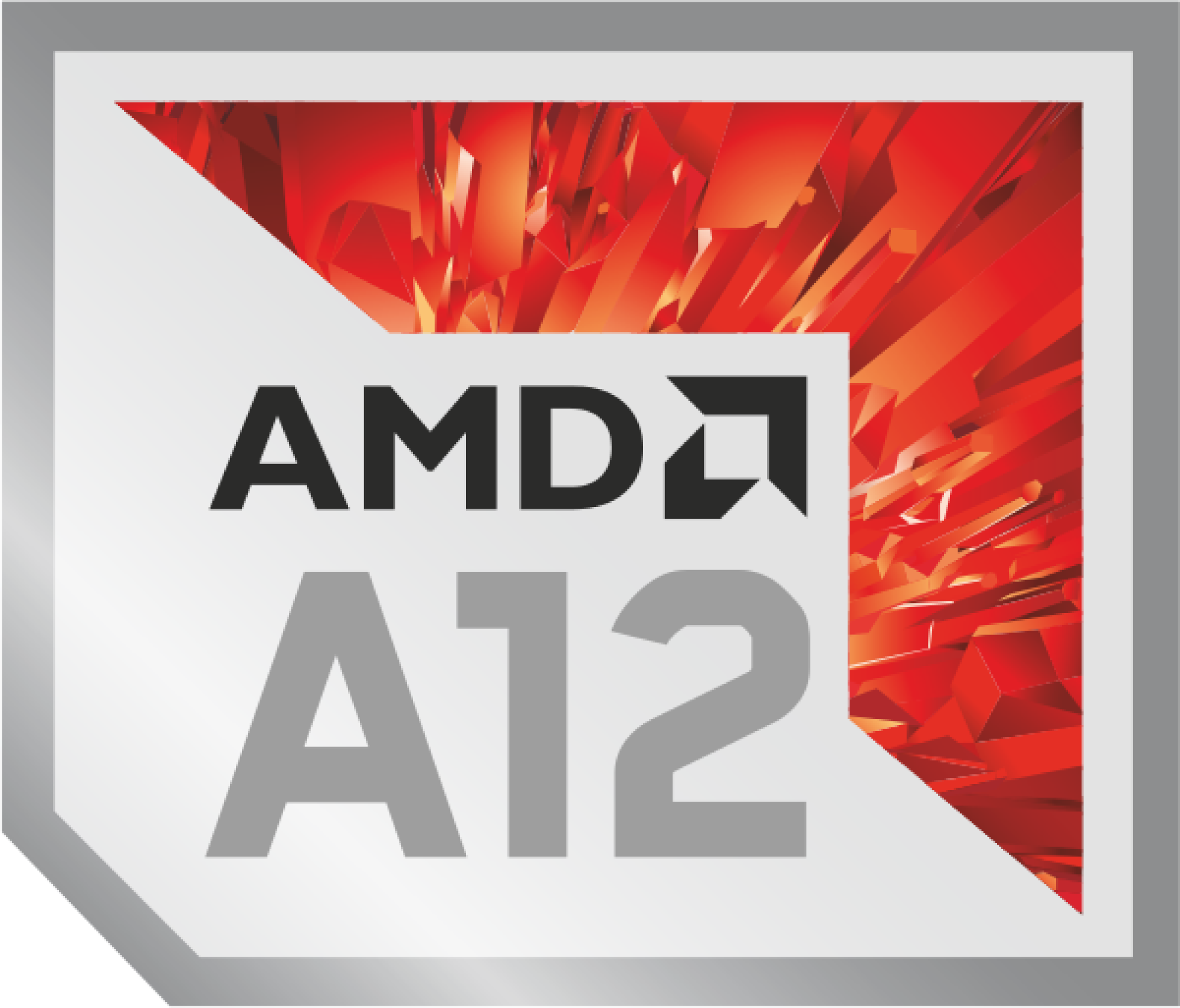 AMD A12 Logo, weißer Text auf silbernem Rahmen und rotem Hintergrund.
