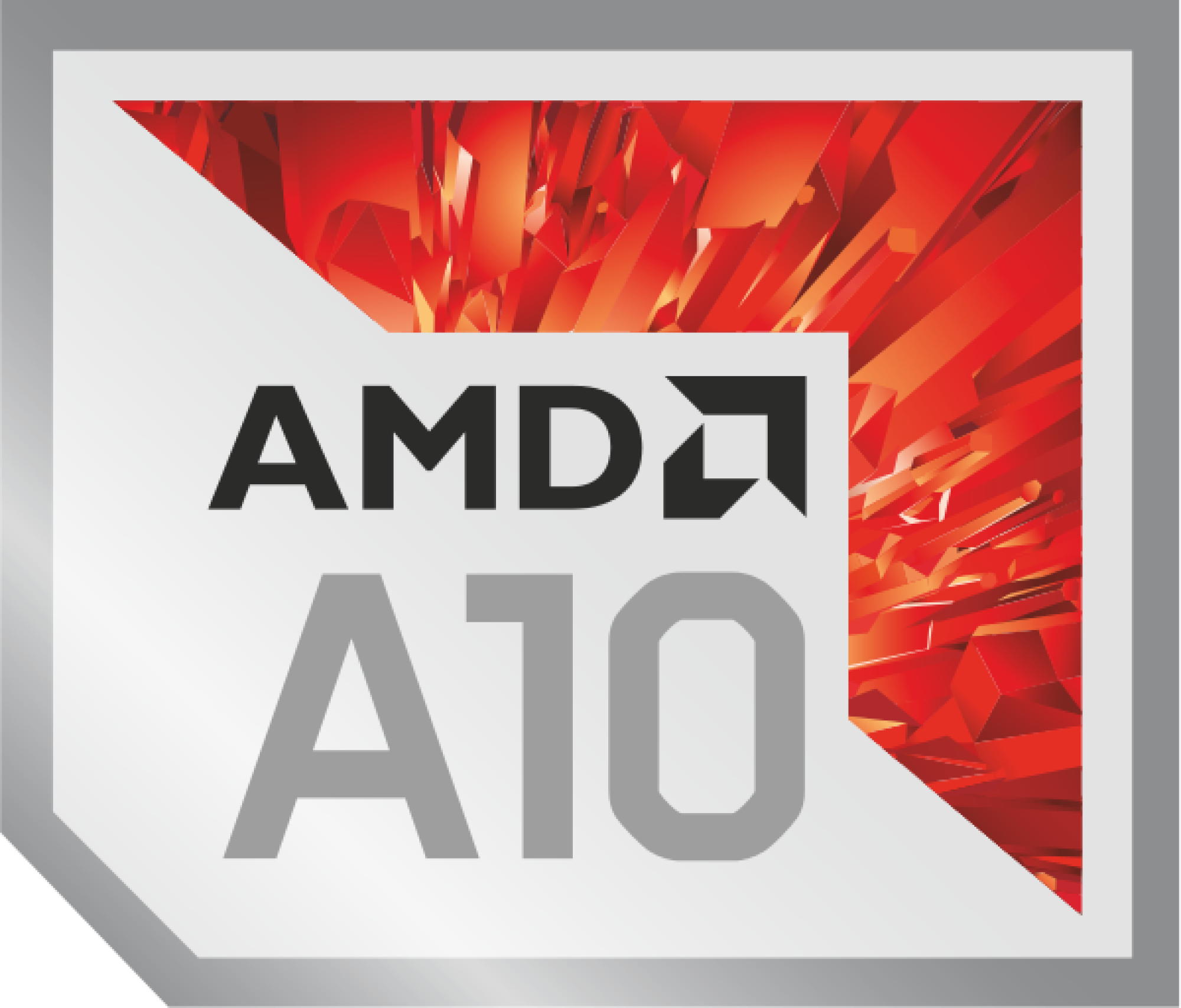 AMD A10 Logo, weißer Text auf silbernem Rahmen und rotem Hintergrund.