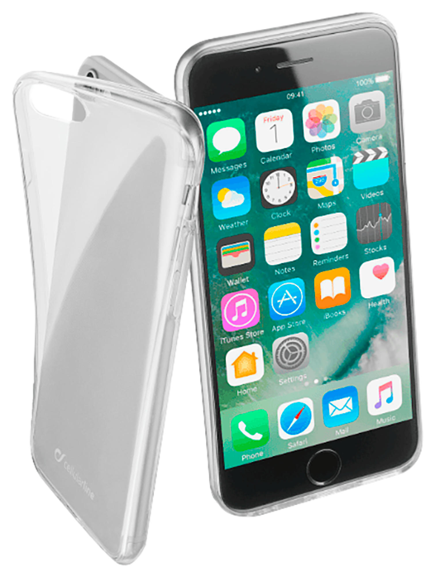 Een zwarte iPhone met een doorzichtige hoes, apps tonend, naast de hoes, witte achtergrond.