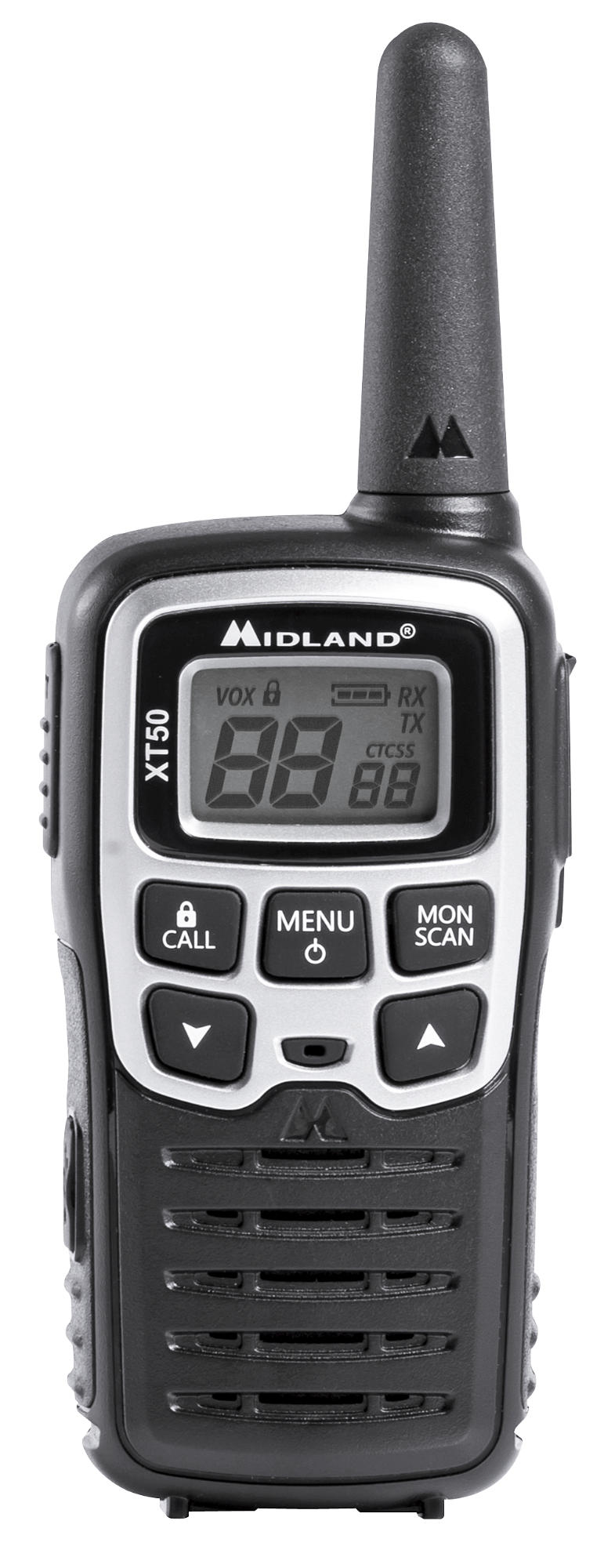 Walkie Talkie - Midland XT50, gris, 8km de alcance, 24 canales, manos libres, cargador sobremesa