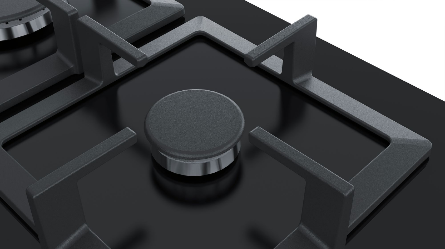 Black gas stove with four burners. Each burner has a black grate. The control knob is in the center.