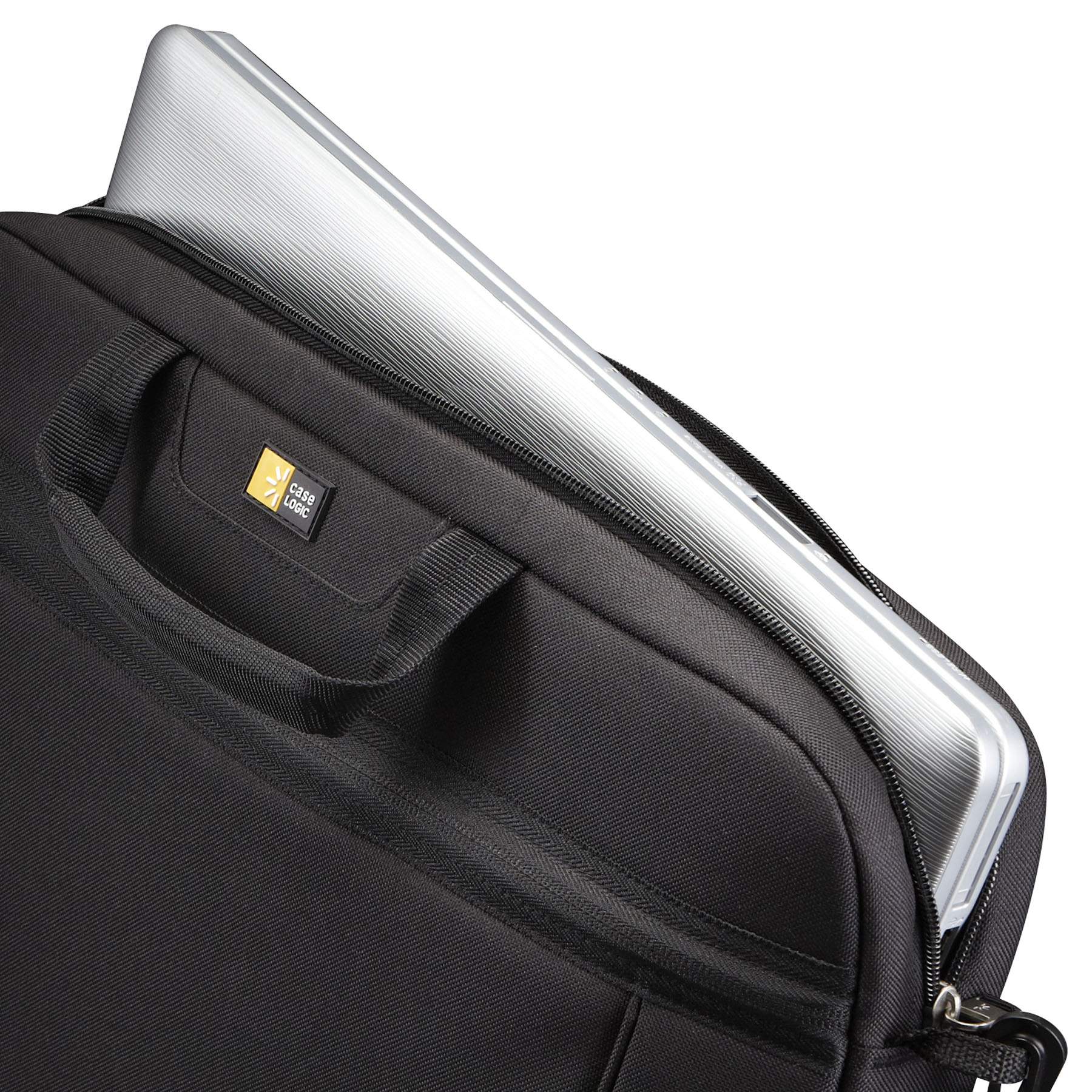 A black Case Logic laptop bag with a silver laptop partially visible inside.