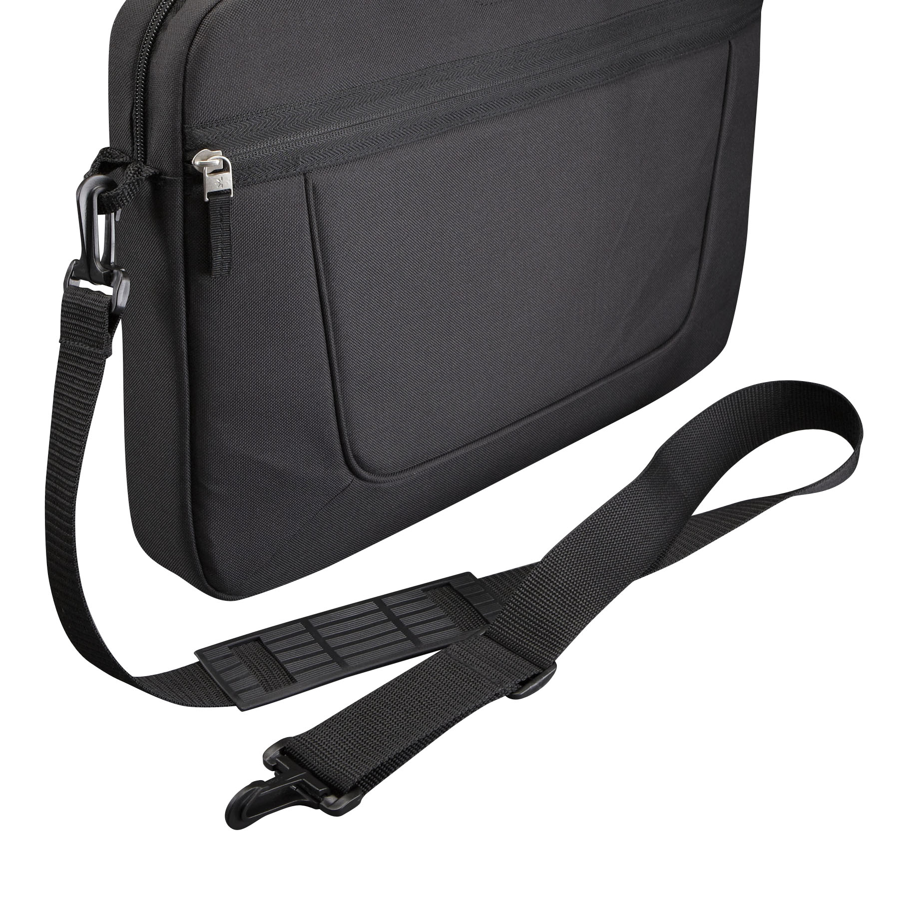 Black laptop bag with shoulder strap and a detachable strap. White background.