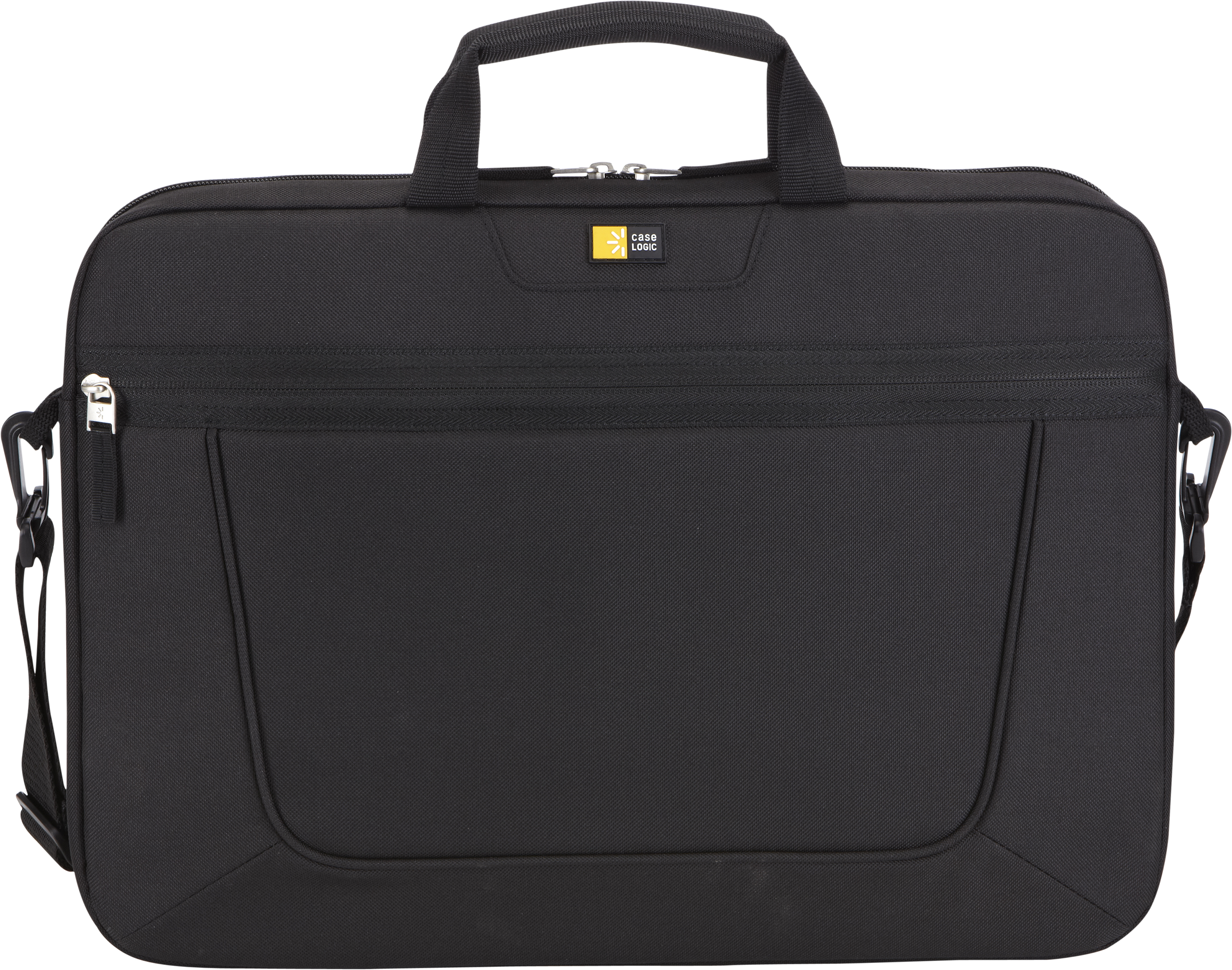 A black Case Logic laptop bag. It has a zipper, handle, and shoulder strap. Case Logic logo visible.