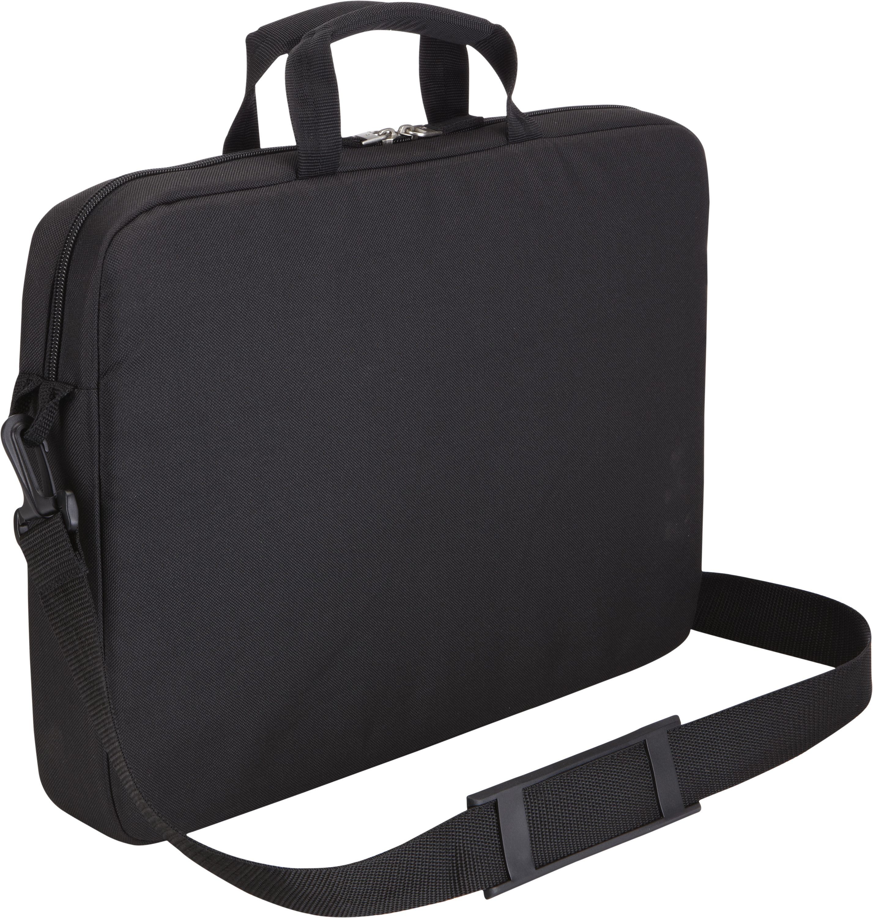 Black laptop bag with a handle and shoulder strap.