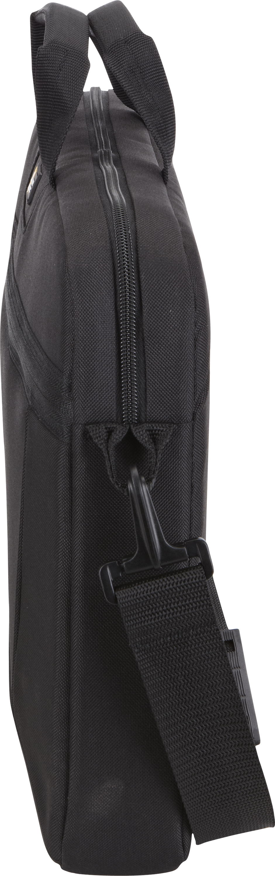 Black laptop bag with zipper, shoulder strap, and top handles. The background is white.