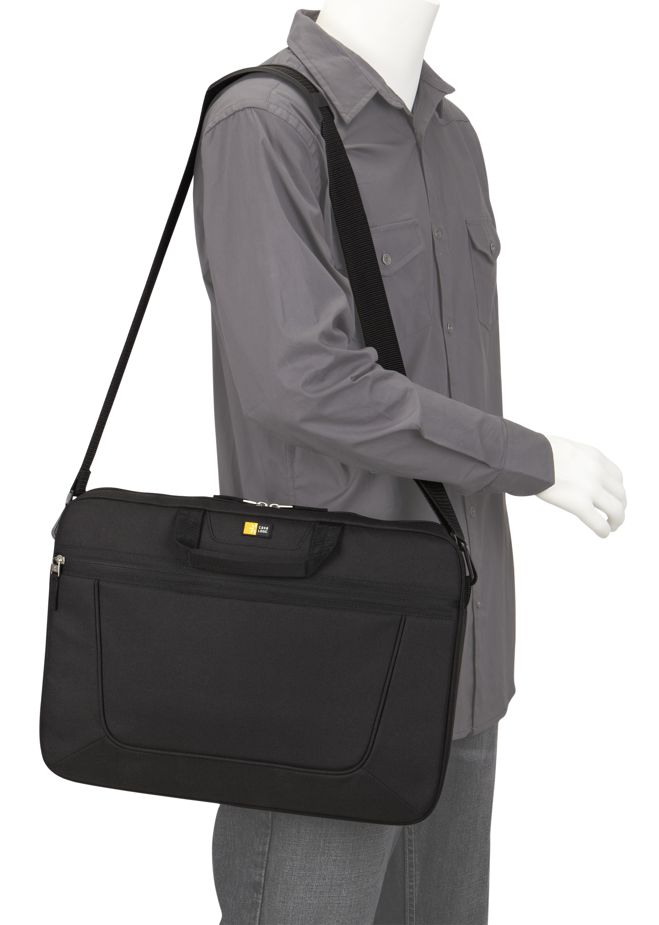 A man with a shoulder bag, the bag is black and the man is on a white background.