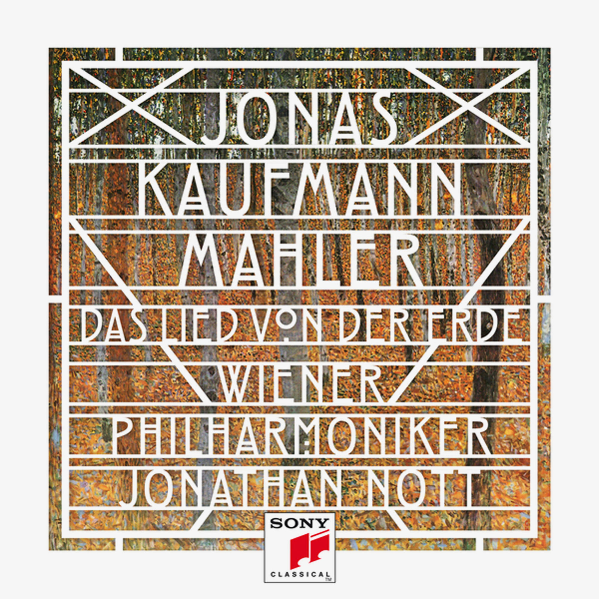 Albumcover mit weißem Text 'Jonas Kaufmann' auf einem gemalten Hintergrund von Herbstbäumen.