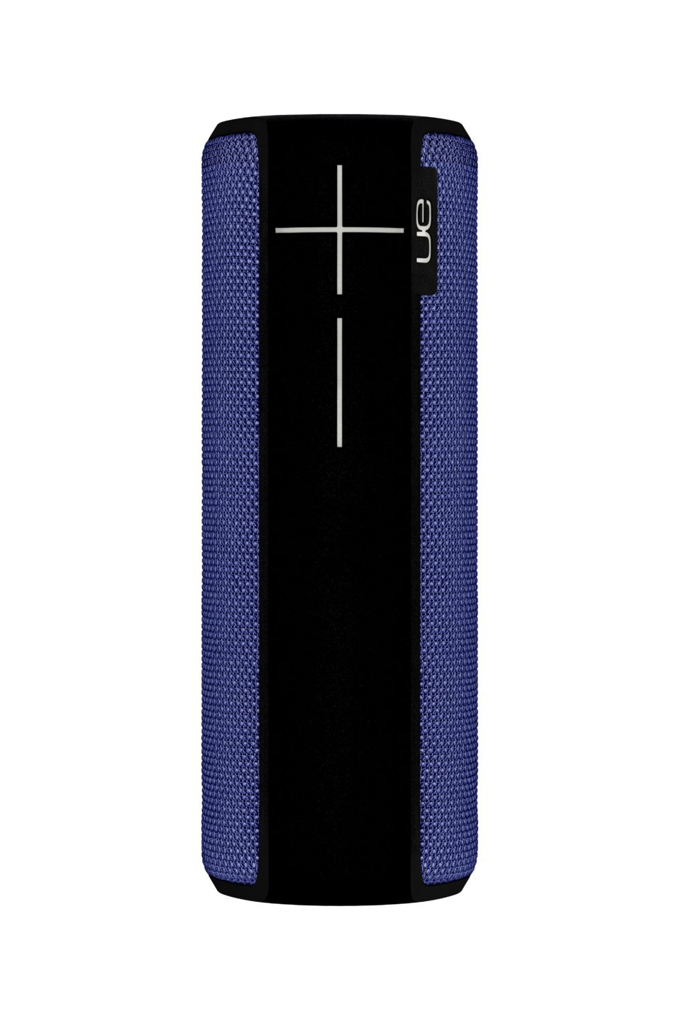 Ein zylindrischer blauer Lautsprecher mit schwarzem Streifen und weißem UE-Logo.