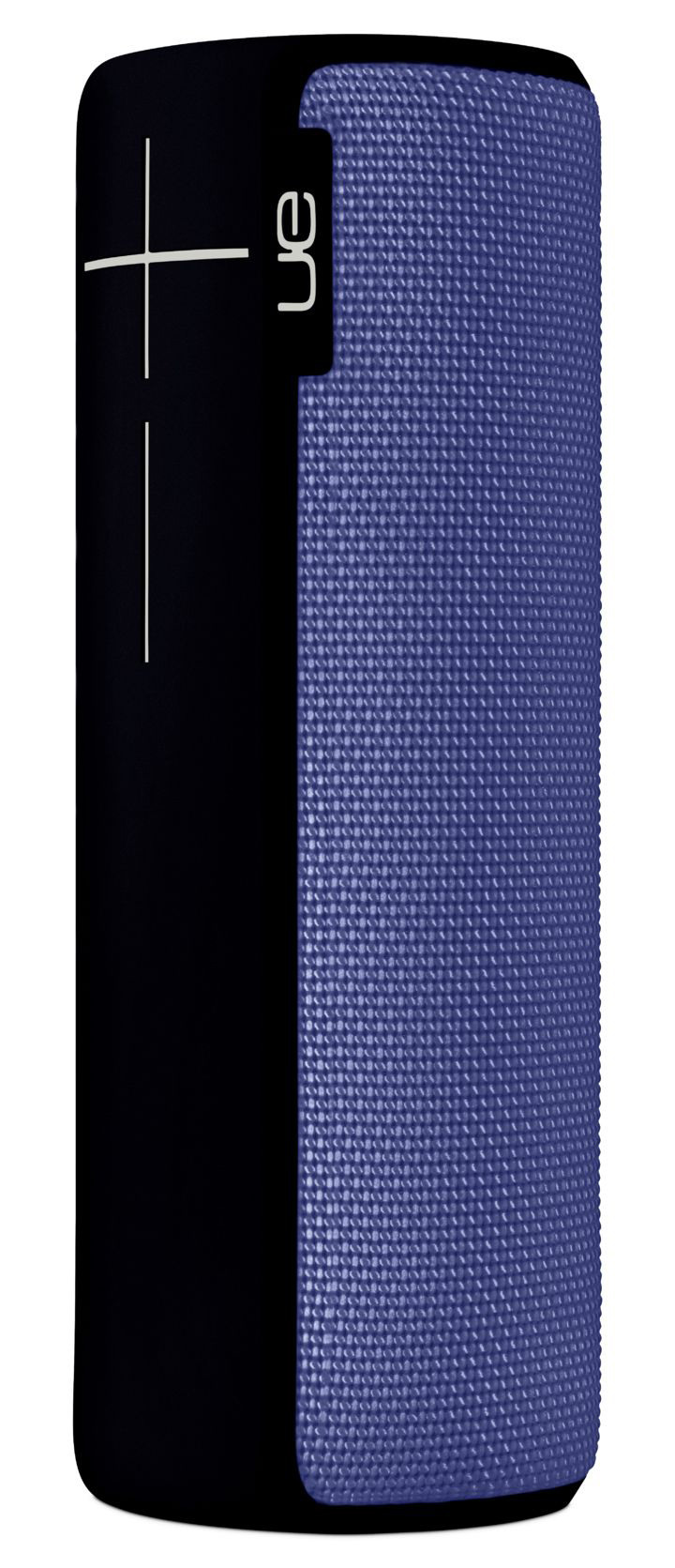 Blau-schwarzer UE Boom Lautsprecher. Strukturierte blaue Oberfläche rechts, schwarzes Panel links.