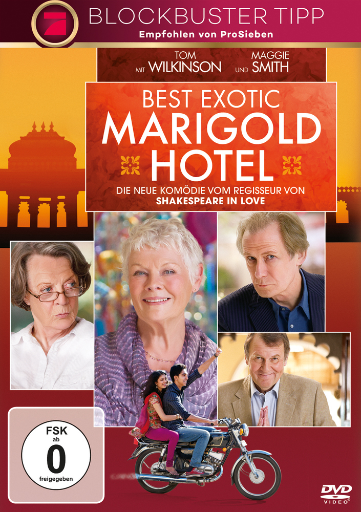 Filmplakat für 'Best Exotic Marigold Hotel'. Mit Schauspielern und Motorrad auf buntem Hintergrund.