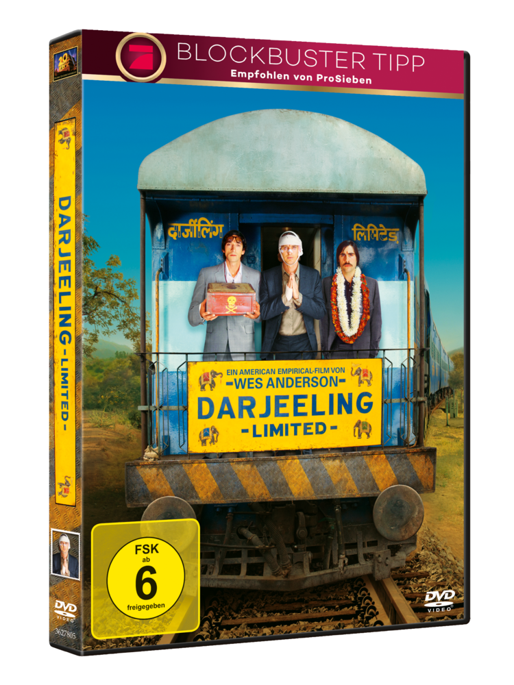 DVD-Cover des Films Darjeeling Limited. Drei Männer in einem Zug, der Name des Zuges ist sichtbar.