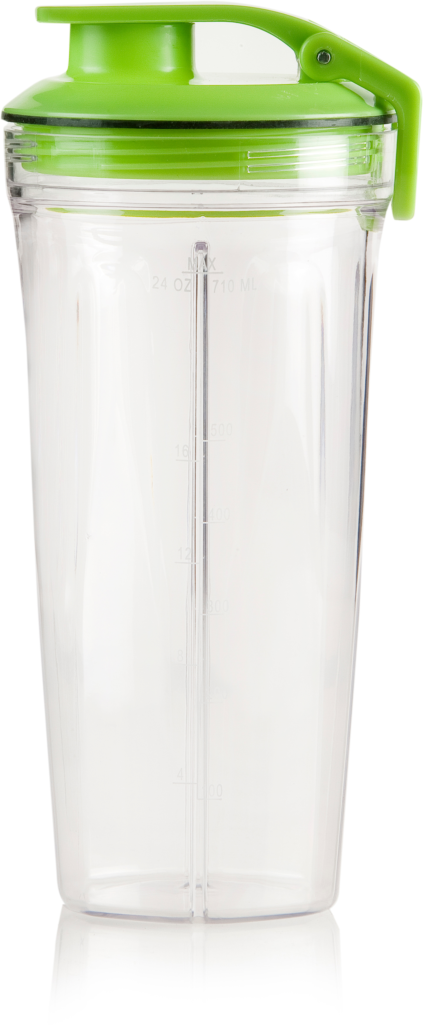 Shaker en plastique transparent avec couvercle vert, lignes de mesure visibles.