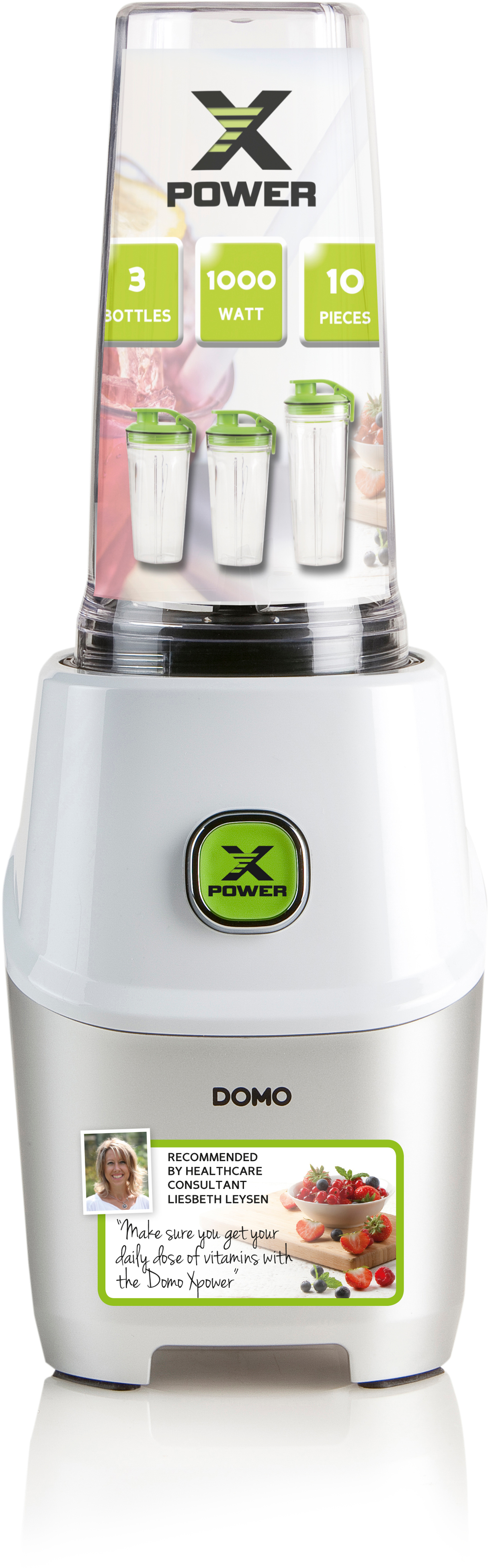 Un blender blanc et argenté avec un récipient en plastique transparent, trois bouteilles sont affichées.