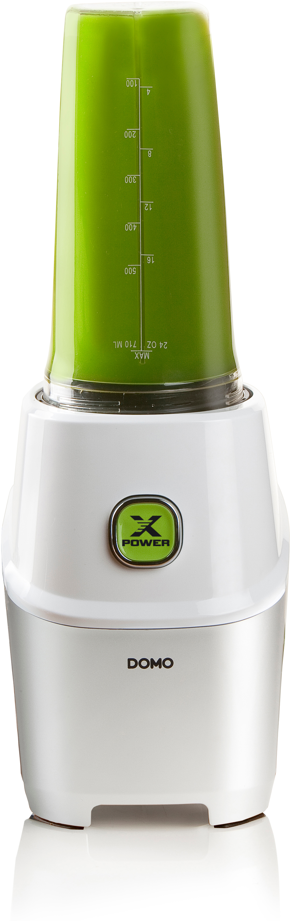 Mixeur blanc avec liquide vert à l'intérieur, avec des mesures et un bouton d'alimentation.
