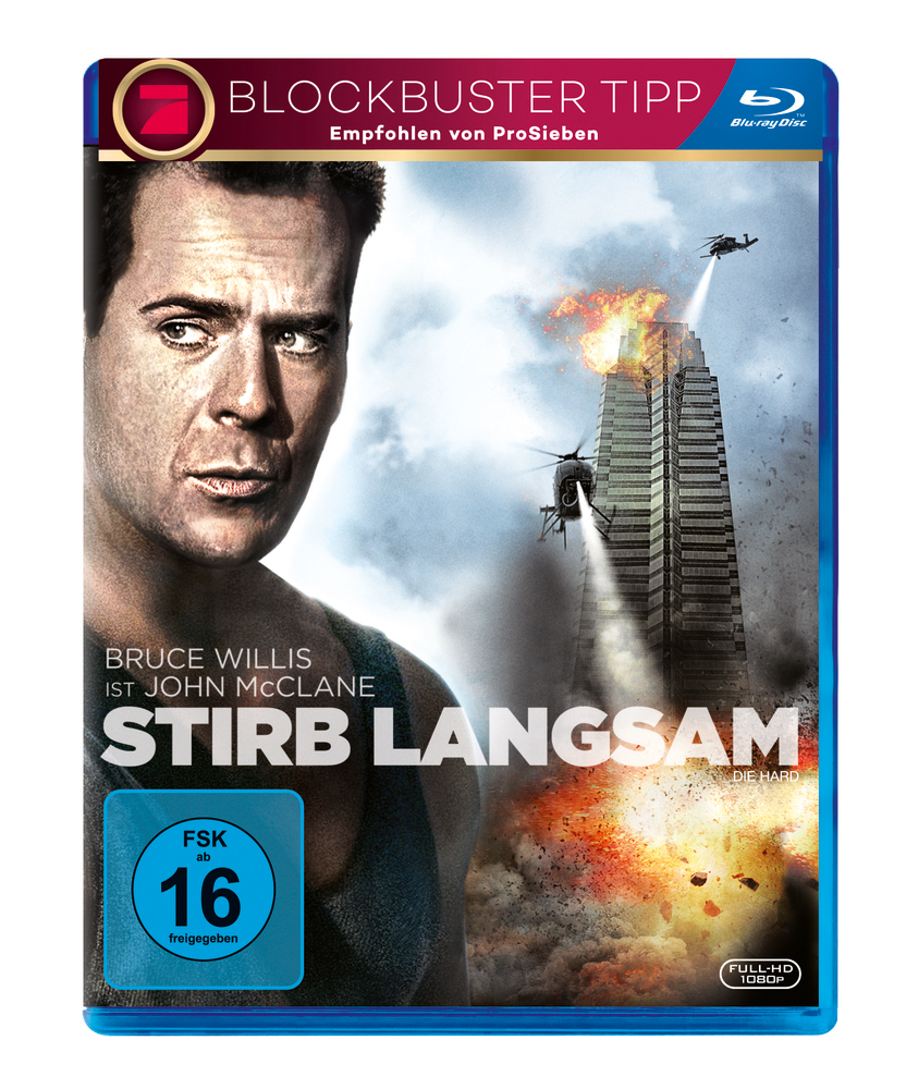 Filmcover zeigt Bruce Willis, einen brennenden Wolkenkratzer und einen Hubschrauber. Der Titel ist 'Stirb Langsam'.