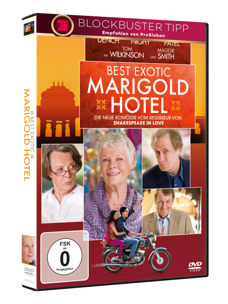 DVD-Cover: Best Exotic Marigold Hotel mit Cast-Fotos und goldenem Hintergrund.