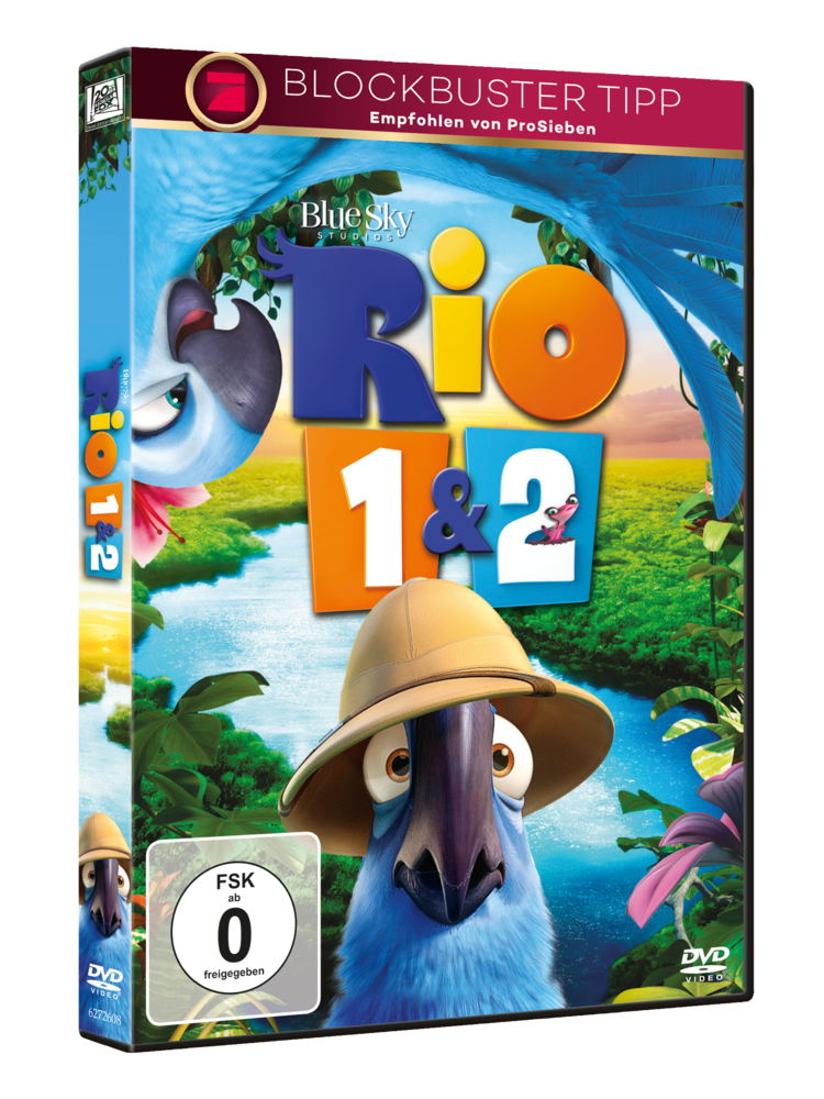 Rio 1 & 2 DVD-Cover. Blauer Vogel mit Hut. Blauer und oranger Titeltext. Tropischer Hintergrund.