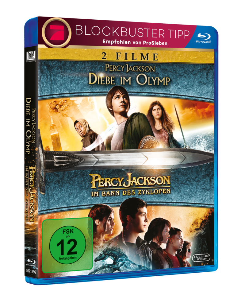 Blu-ray-Filmhülle mit Percy Jackson-Titel und Schauspielern in blau-grüner Umgebung.