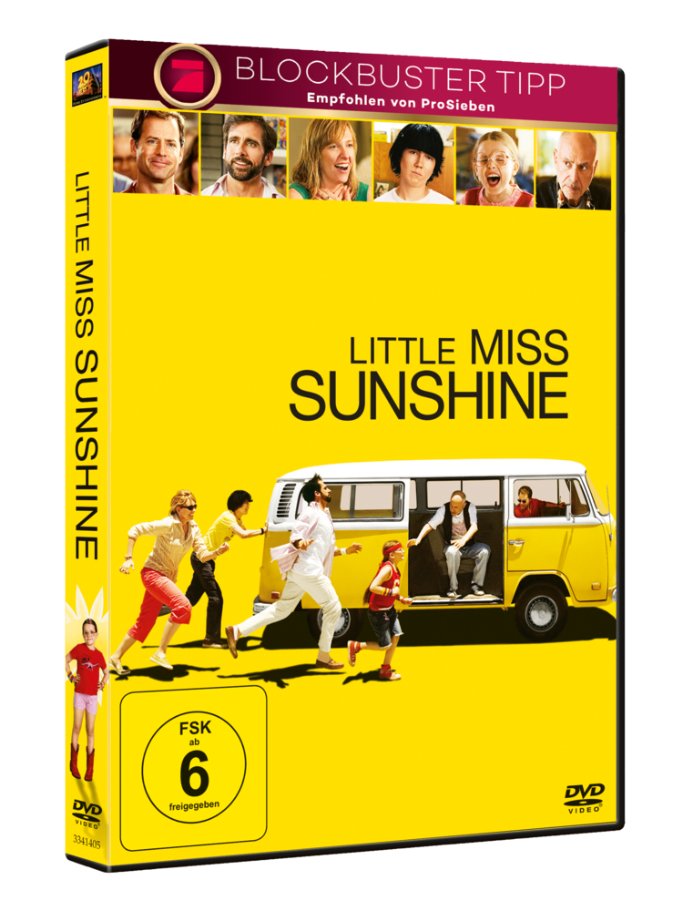 DVD-Hülle für den Film "Little Miss Sunshine". Gelber Einband mit Bildern der Besetzung und Titel.