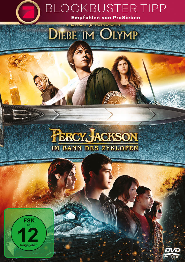 Percy Jackson DVD-Cover: mehrere Charaktere, Schwert, blaues Wasser. Oben: Diebe im Olymp. Unten: Zyklopen.
