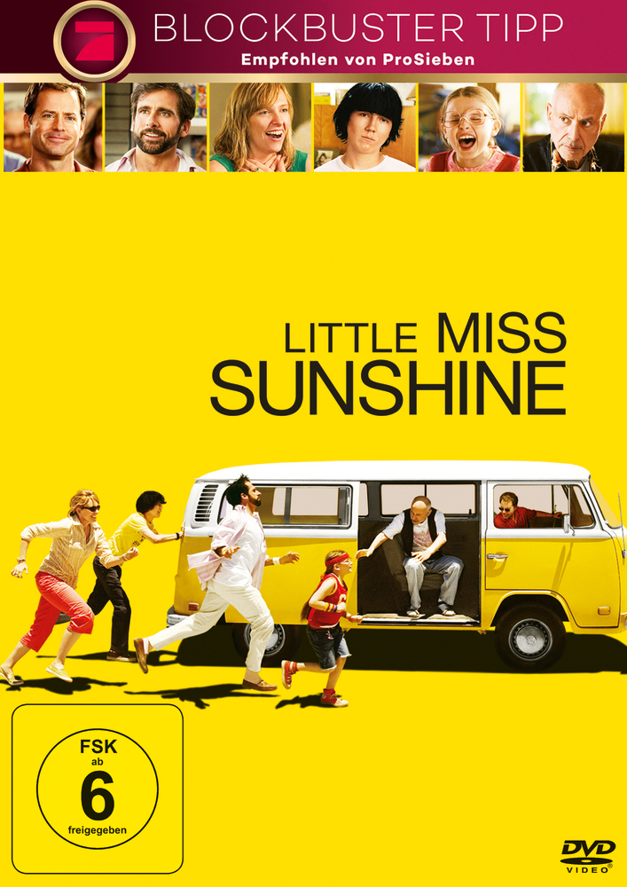 Little Miss Sunshine DVD-Cover: Familie in gelbem Van, rennend. Gelber Hintergrund, Gesichter oben.