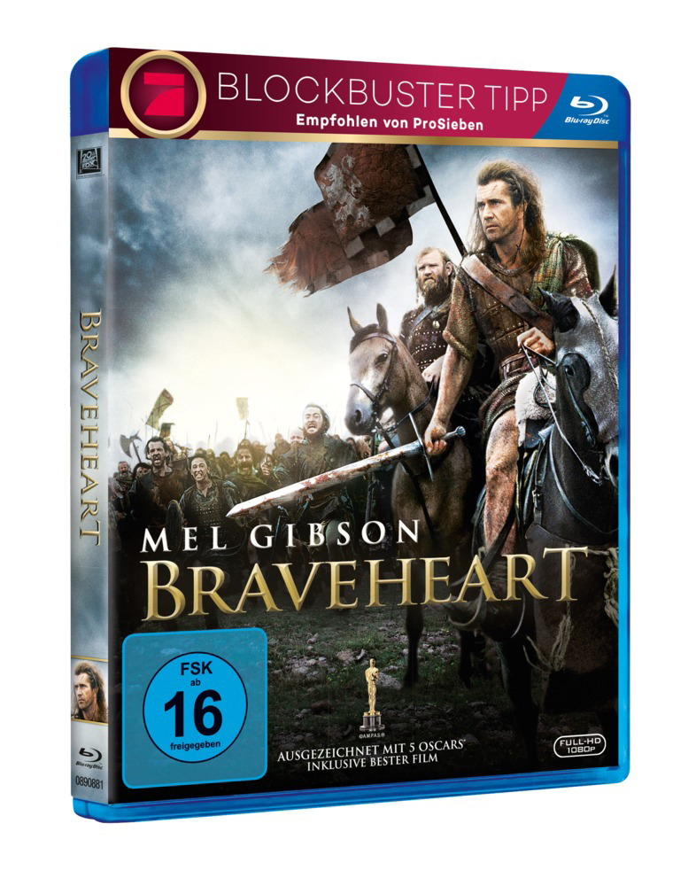 Filmcover von Braveheart. Mel Gibson auf dem Pferd mit Soldaten. Blaue und goldene Blu-ray-Hülle.