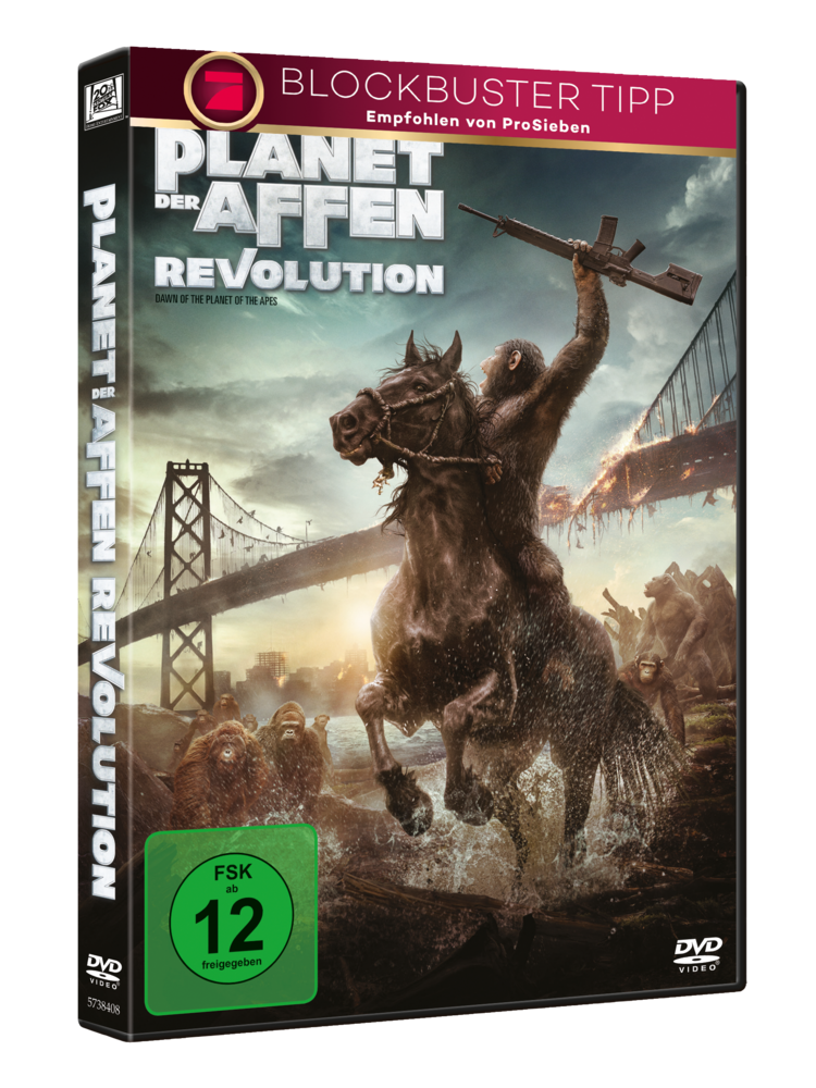 DVD-Hülle mit Planet der Affen: Revolution-Cover. Ein Affe auf einem Pferd mit einer Waffe.